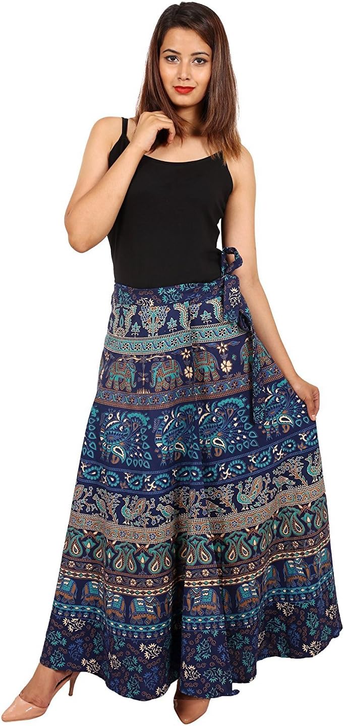 Indian Handicrfats Export Jaipuri Fashionista Designer Cotton Women's Long Wrap Around Skirt Jaipuri Printed (Free Size) Blue