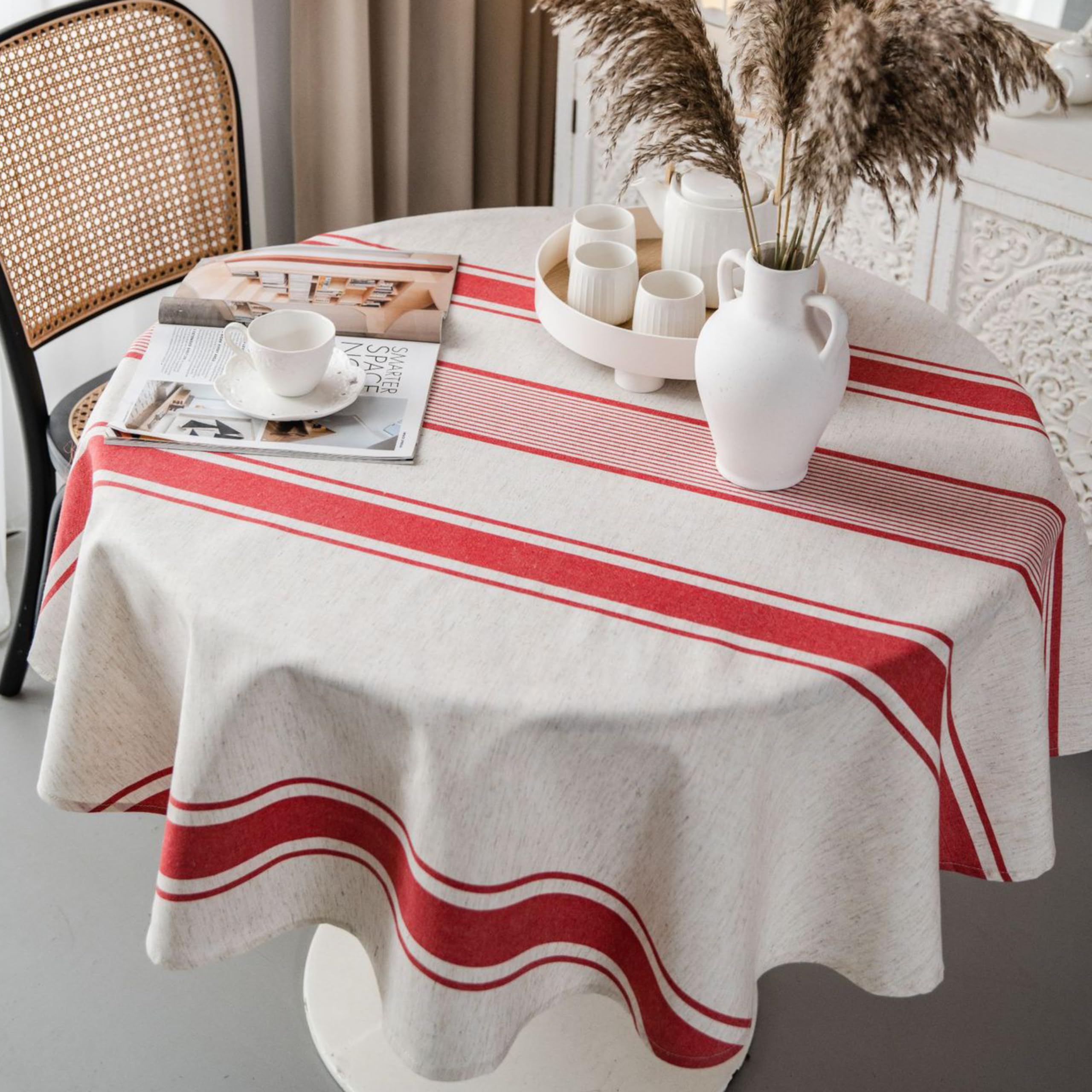 Mausouca Vintage French red striped Table Cloth,Cotton Linen Tablecloth Washable Reusable Table Cover for Kitchen Dinning Farmhouse Tabletop Decoration