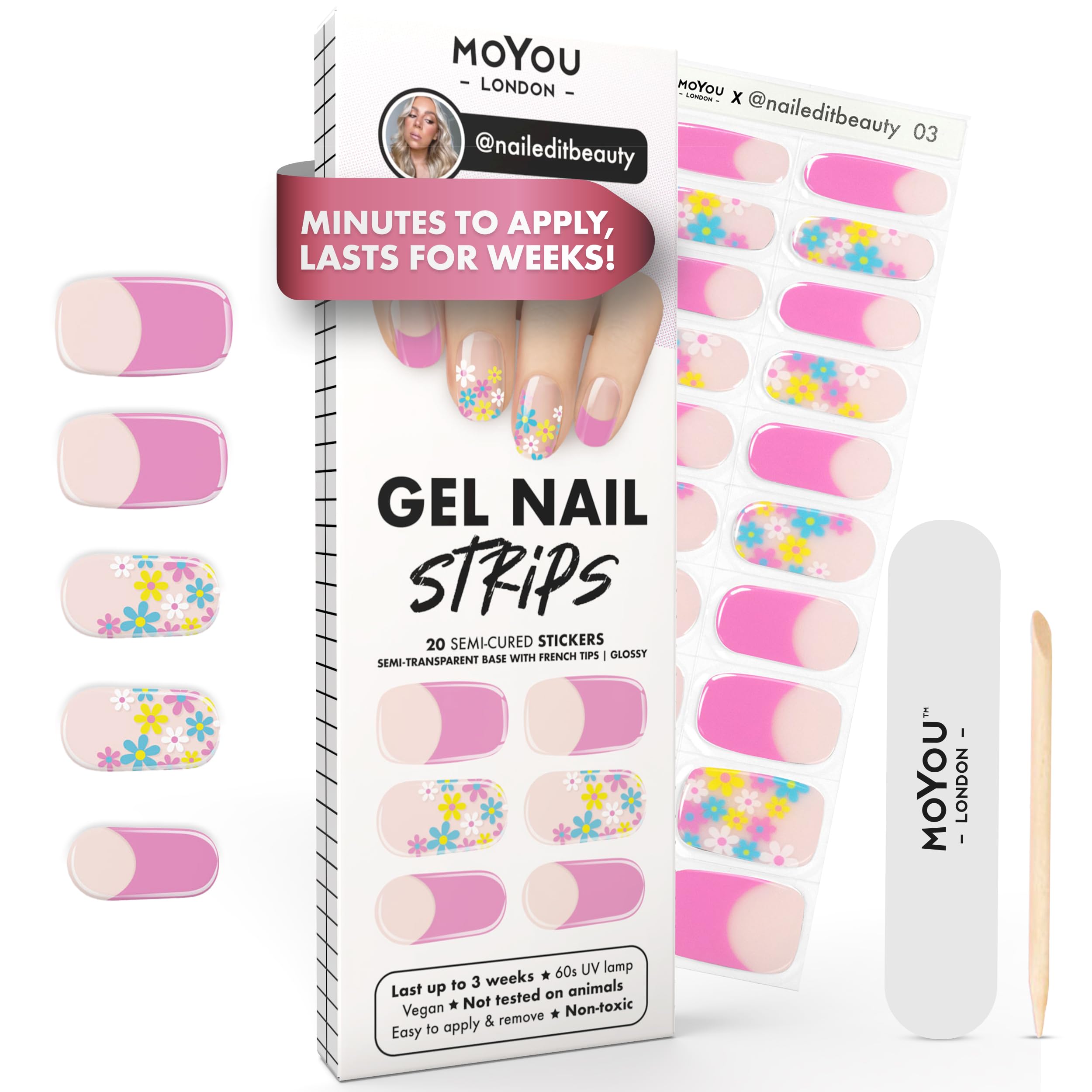 MOYOU LONDON Semi Cured Gel Nail Strips - 20 Pcs. Waterproof Gel Nail Wraps, Cures in Sunlight or UV/LED Lamp, Lasts Up to 2+ Weeks, Stretchable, Easy to Apply & Remove, Vegan & Cruelty-Free