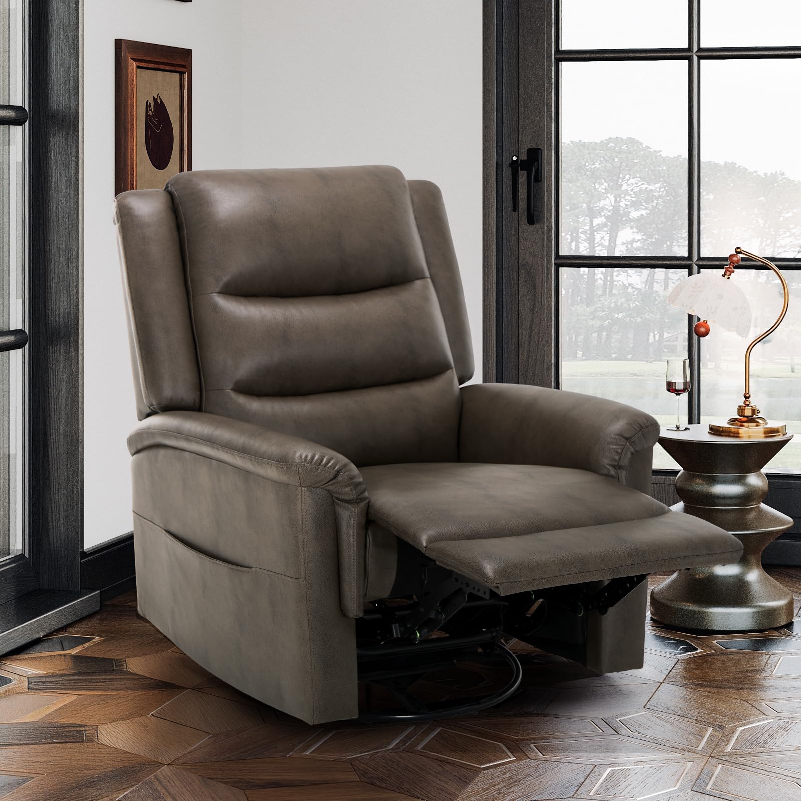 Photo 1 of **PARTIAL SET - This is ONLY the base**
COLAMY Oversized Leather Recliner Chair, 360°Swivel Rocking Manual Recliner with Thick Cushioned Padding Backrest and Wide Seat - Lightbrown