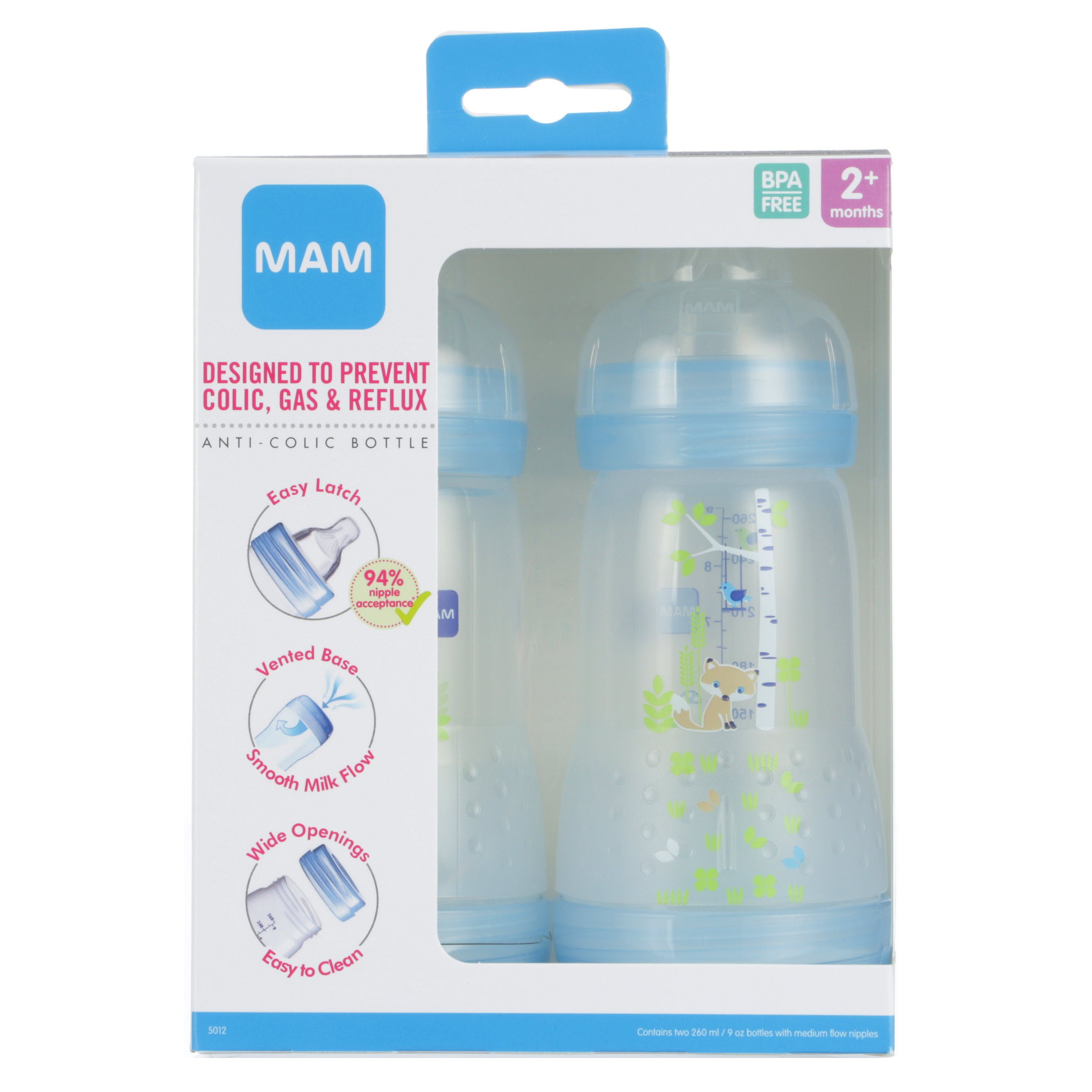 MAM Easy Start AntiColic Bottle 9 oz (2Count), Baby Essentials, Medium Flow Bottles with