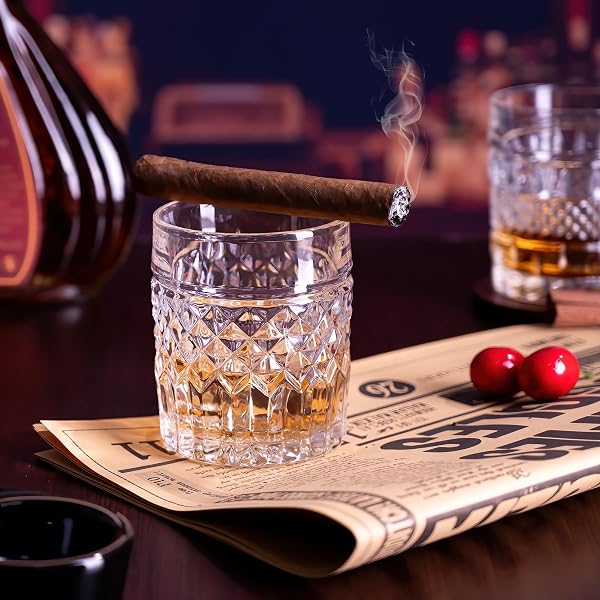HYGLAZELLE WHISKEY GLASSES SET OF 4 WITH LUXURY BOX, 10OZ OLD FASHIONED WHISKEY GLASSES GIFT FOR COCKTAILS RUM COGNAC BOURBON LIQUOR ROCKS GLASSES MEN GIFT(MIXED)