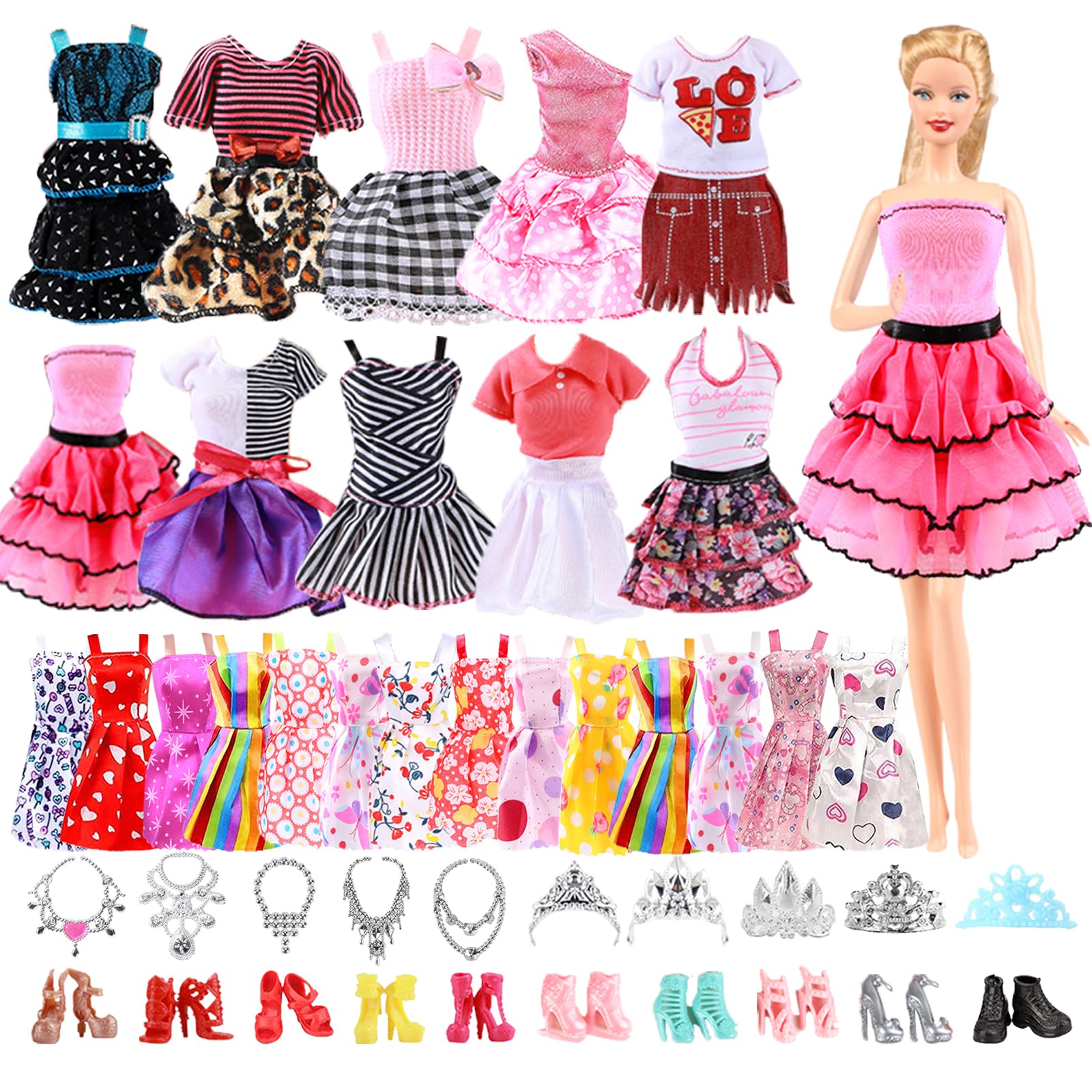 43Pcs Doll Clothes and Accessories Compatible with Barbie 11.5inch Doll, 10 Suspender Dress 3 Fashion Dress 20 Shoes 10 Accessorie for 11.5'' Doll Girls Birthday Children's Day Gift, in Random