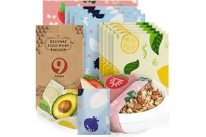 Akeeko Reusable Beeswax Food Wraps - Assorted 9 Packs, Reusable, Plastic-Free Food Storage, 4 Small, 3 Medium, 2 Large Wraps with Assorted Fruits Pattern