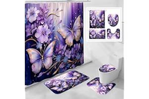 Litabel 4 Pcs Purple Floral Butterfly Shower Curtain Set with Non-Slip Rugs, Modern Toilet Lid Cover and Bath Mat, Elegant Bathroom Decor Set with Shower Curtain and Rugs(Hooks Not Included)