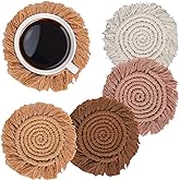 Whaline Boho Macrame Coasters Set of 4 Handmade Woven Coaster for Drinks Bohemian Cup Mat with Tassel for Kinds of Mugs and Cups Coffee Home Kitchen Office Wooden Table Decor
