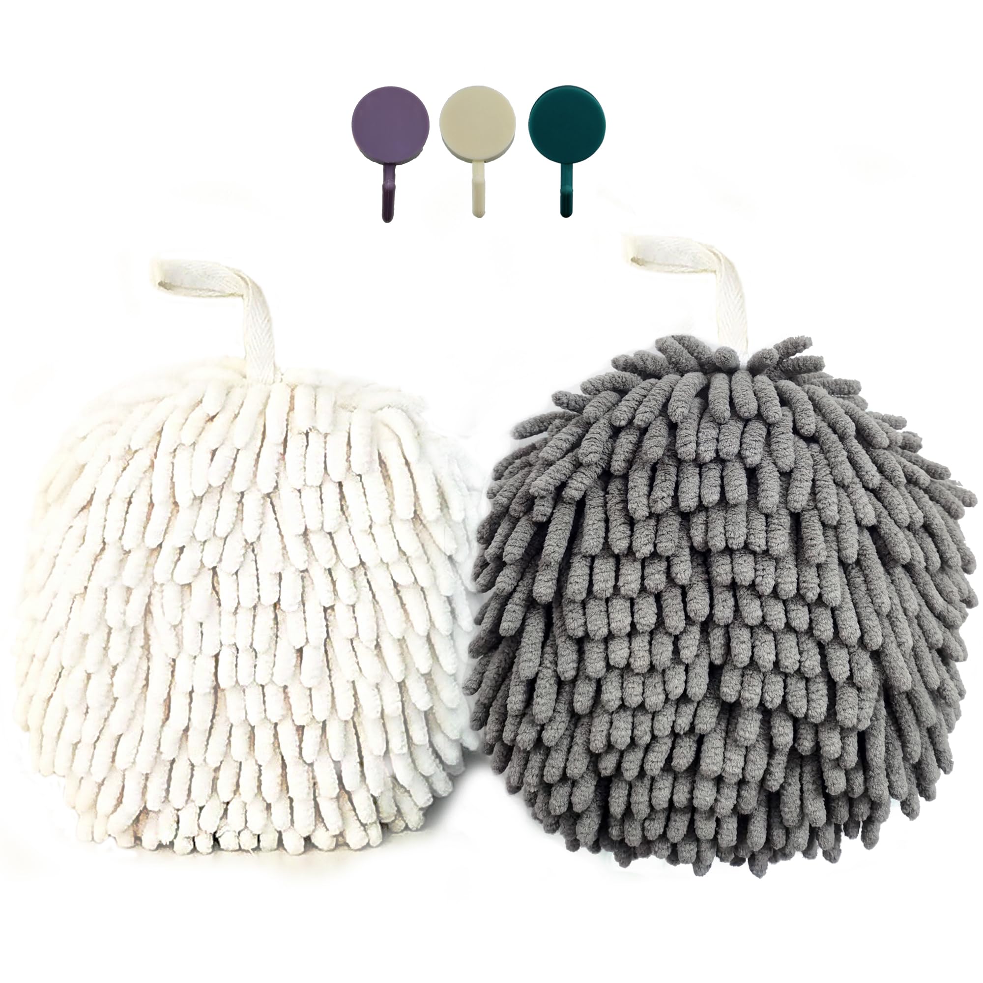 Photo 1 of ACOCPOL Chenille Hand Towel, Cute Flat Ball Shape, Thickened Sponge Instant Absorbent Quick-Drying Towel, Kitchen Bathroom Hanging Convenient Quick-Drying (White Gray)