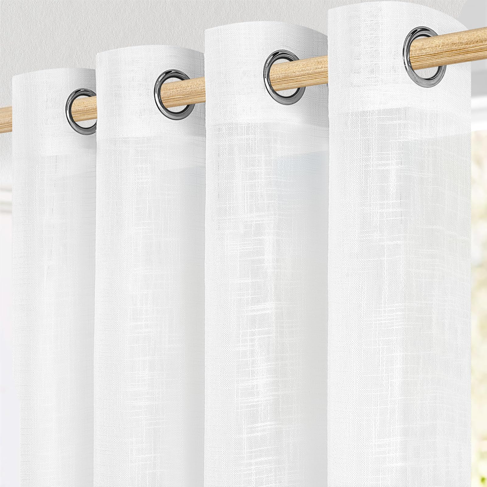 MRTREES Linen Textured Voile Curtains 63 Drop 2 Panels Short Window Semi Transparent Sheer Curtain Panels for Living Room Bedroom Bay Window Weave Slub Design 140x160cm White