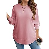 Eytino Womens Plus Size Tops Crewneck Long Sleeve Double Hem Waffle Knit Shirts Loose Casual Tunic Tops(1X-5X)