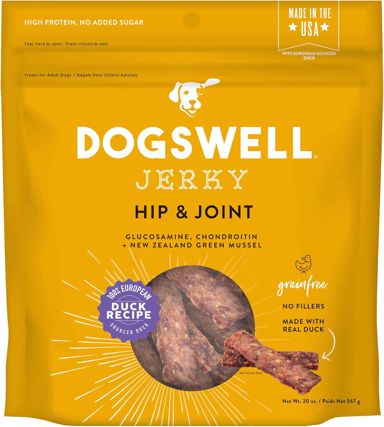 Dogswell Jerky Dog Treats, Made in USA Only with Glucosamine, Chondroitin & New Zealand Green Mussel for Happy Hips