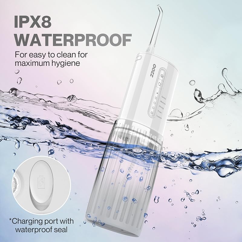 Travel Water Flosser, Schnurlose Taschenmunddusche, 5 Druckmodi, 6 Strahlspitzen, USB-wiederaufladbar, kompaktes Design, tragbare Munddusche (Wolke)