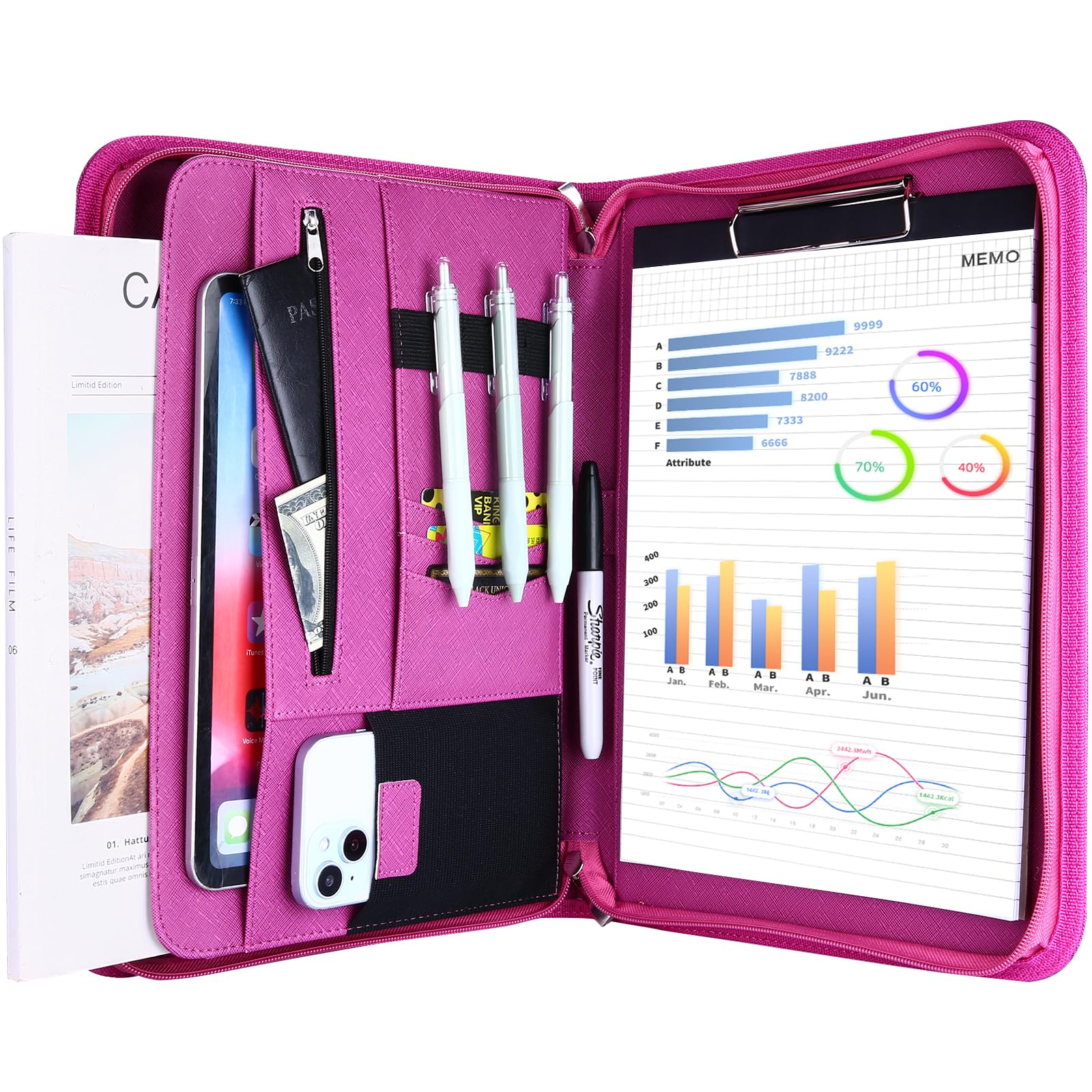 ProCase Portfolio Business Padfolio Folder with Zipper, Conference Meeting Executive File Legal Document Organizer with Pockets Letter Size A4 Writing Pad Notepad Padfolio for Father's Day-Magenta
