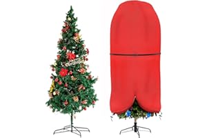 DUDSOEHO Upright Christmas Tree Storage Bag with Adjustable Straps, Xmas Tree Cover with Zipper & Drawstring for up to 6 Foot Artificial Tree Standing with Ornaments, Dustproof - Red