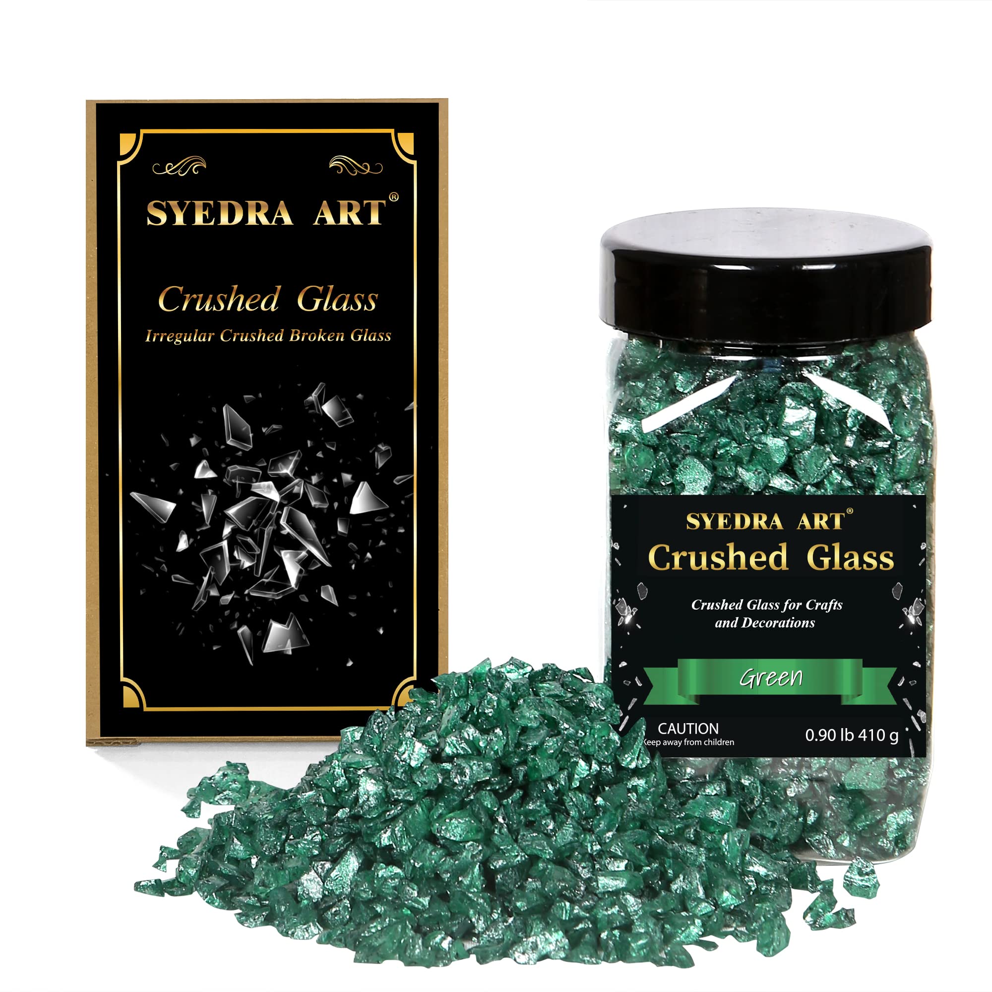 Syedra Art Crushed Glass for Crafts, Metallic Chips, Crystal Broken Glass, Resin Art, Painting, Home Vase Garden Decoration 3-6mm 410G Jar (Green)