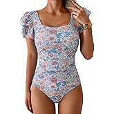 Eomenie Women's Tummy Control One Piece Swimsuit Ruffle Square Neck Bathing Suit Ruched Cutout Back Slimming Swimwear
