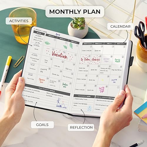 A5 Undated Planner With Habit Tracker | Leather Weekly Monthly Journal | With Pen Holder, Pocket & Bookmarks