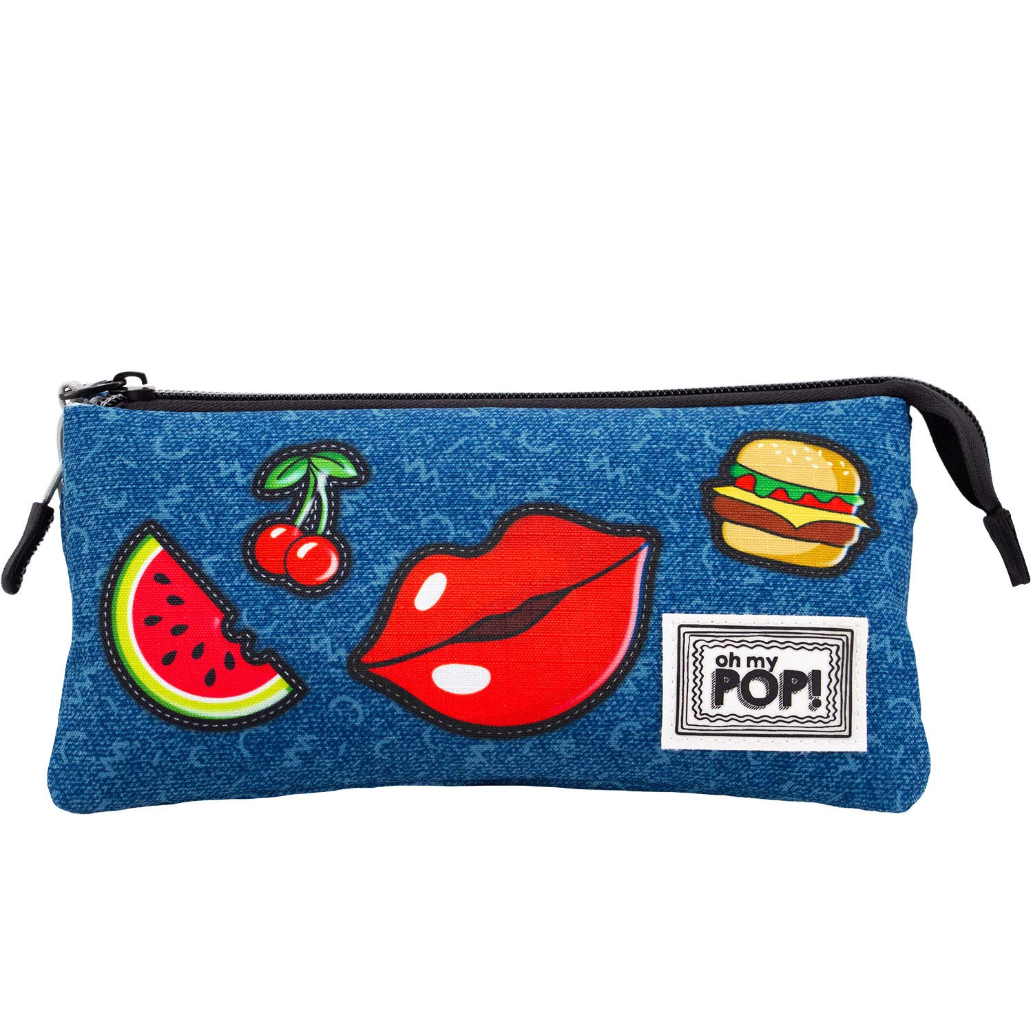Oh My Pop! Patches-Triple HS Pencil Case, Dark Blue, 23 x 11 cm