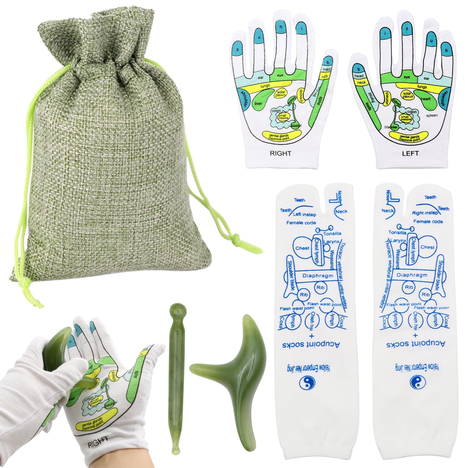 VEGCOO Reflexology Socks & Gloves Set, Foot & Hand Massage with Tools, Marked Acupoint Massage Socks & Gloves, Men's Size 40-45 (Green)