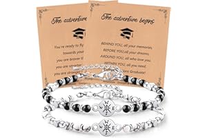 ZZLTAWS Graduation Compass Bracelets Set for Her Him, Graduation Gift for Middle School High School and College Students 5th 8th Grade Comes with 2 Inspirational Card (Black White)