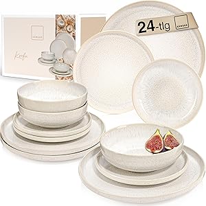 SÄNGER | Geschirrset Korfu 24 tlg, Tafelservice 8 Personen, Steingut Geschirr Handmade, Teller Set inkl. Essteller Dessertteller Tiefe Teller, Essgeschirr Creme Farben mit Sandiger Maserung