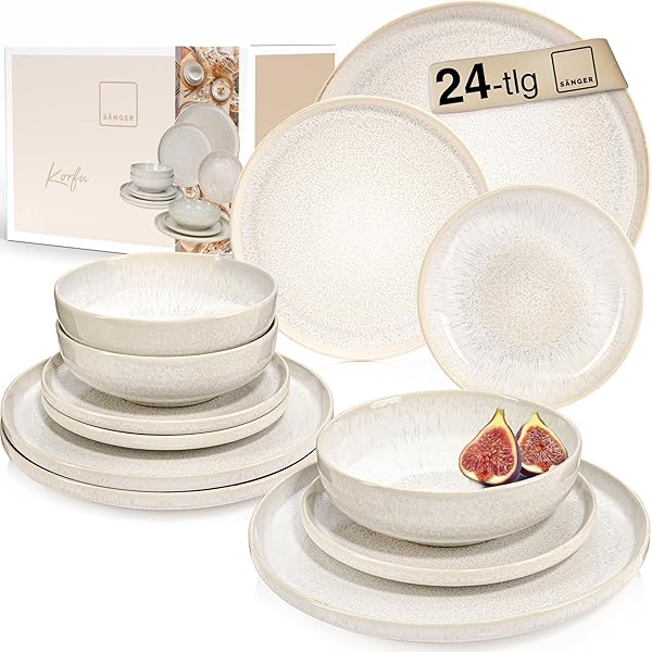SÄNGER | Geschirrset Korfu 24 tlg, Tafelservice 8 Personen, Steingut Geschirr Handmade, Teller Set inkl. Essteller Dessertteller Tiefe Teller, Essgeschirr Creme Farben mit Sandiger Maserung