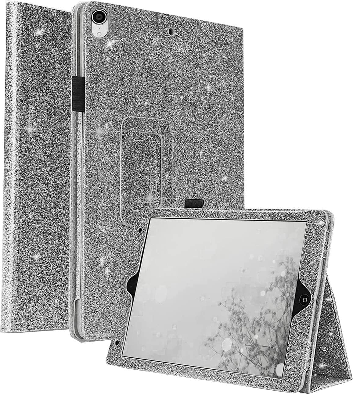 ITRAT Glitter iPad 7th/8th/9th Generation 10.2 Inch Sparkle Flip Stand Smart Case Cover, Sparkle Flip Stand Smart with Auto Sleep/Wake/Transparent PC Back Cover for iPad 2020/2021 (Flip Grey Glitter)