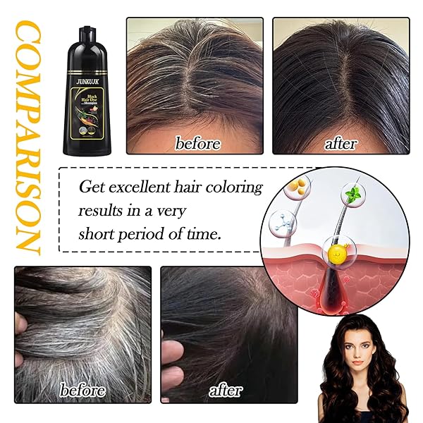 JUNKUJK BLACK HAIR DYE SHAMPOO 3 IN 1, BLACK HAIR SHAMPOO FOR GRAY HAIR COVERAGE,INSTANT HAIR COLOR SHAMPOO FOR WOMEN & MEN