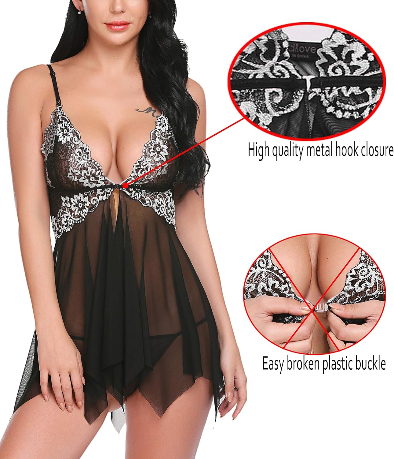 Avidlove Women Lace Lingerie Front Closure Babydoll V Neck Nightwear Sexy Chemise Nightie: Clothing