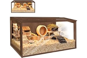 PROLEE Hamster Cage with Chewproof Wood Top,Guinea Pig Cages, Hamster Habitat with Clear Acrylic Sheets Solid Built, Small Animal Cage, Walnut