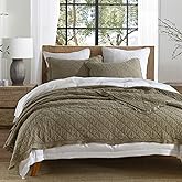 HORIMOTE HOME 100% Linen Front/100% Cotton Back Quilt Set King Size, Olive Green Pre-Washed European Flax Linen Quilt, Diamond Stitch Bedspread Coverlet Bedding Set 3-Piece for All Seasons