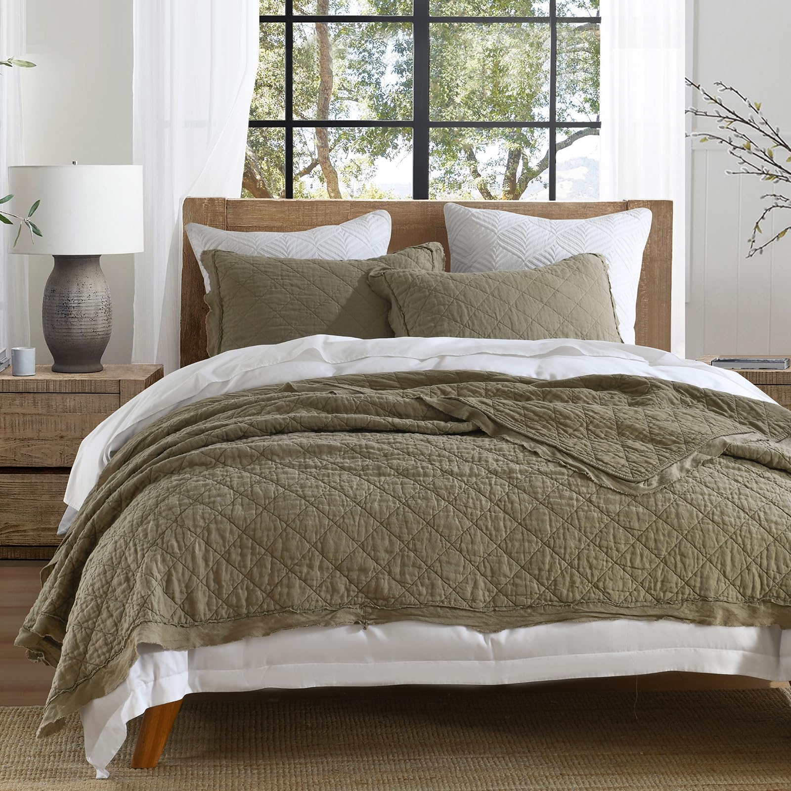 Photo 1 of HORIMOTE HOME 100% Linen Front/100% Cotton Back Quilt Set King Size, Olive Green Pre-Washed European Flax Linen Quilt, Diamond Stitch Bedspread Coverlet Bedding Set 3-Piece for All Seasons
