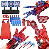 3 Sets Spider Web Shooters Easter Basket Stuffers for Kids Wrist Launcher Toys with Hero Gloves Auto Resetting Boards Spider Cape and Mask Cosplay Costume for Kids Birthday Party
