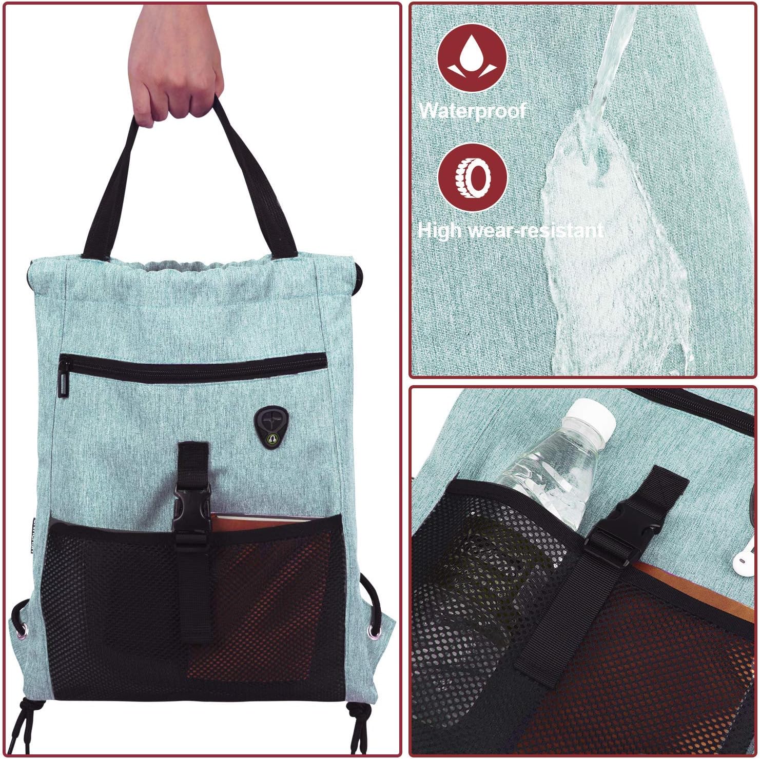 LIVACASA Drawstring Bag Gym with Pockets Sports Sack with Handle Drawstring Backpack Travel for Men Women Green 16.5x13In: Sports & Outdoors