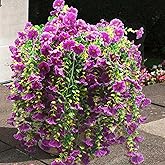Vopie 2 Pcs Look Real Artificial Flowers for Outdoors Artificial Hanging Flowers for Outdoors, UV Resistant Fake Hanging Plants Silk Petunia Faux Flowers for Porch Yard Spring Decor (Purple)