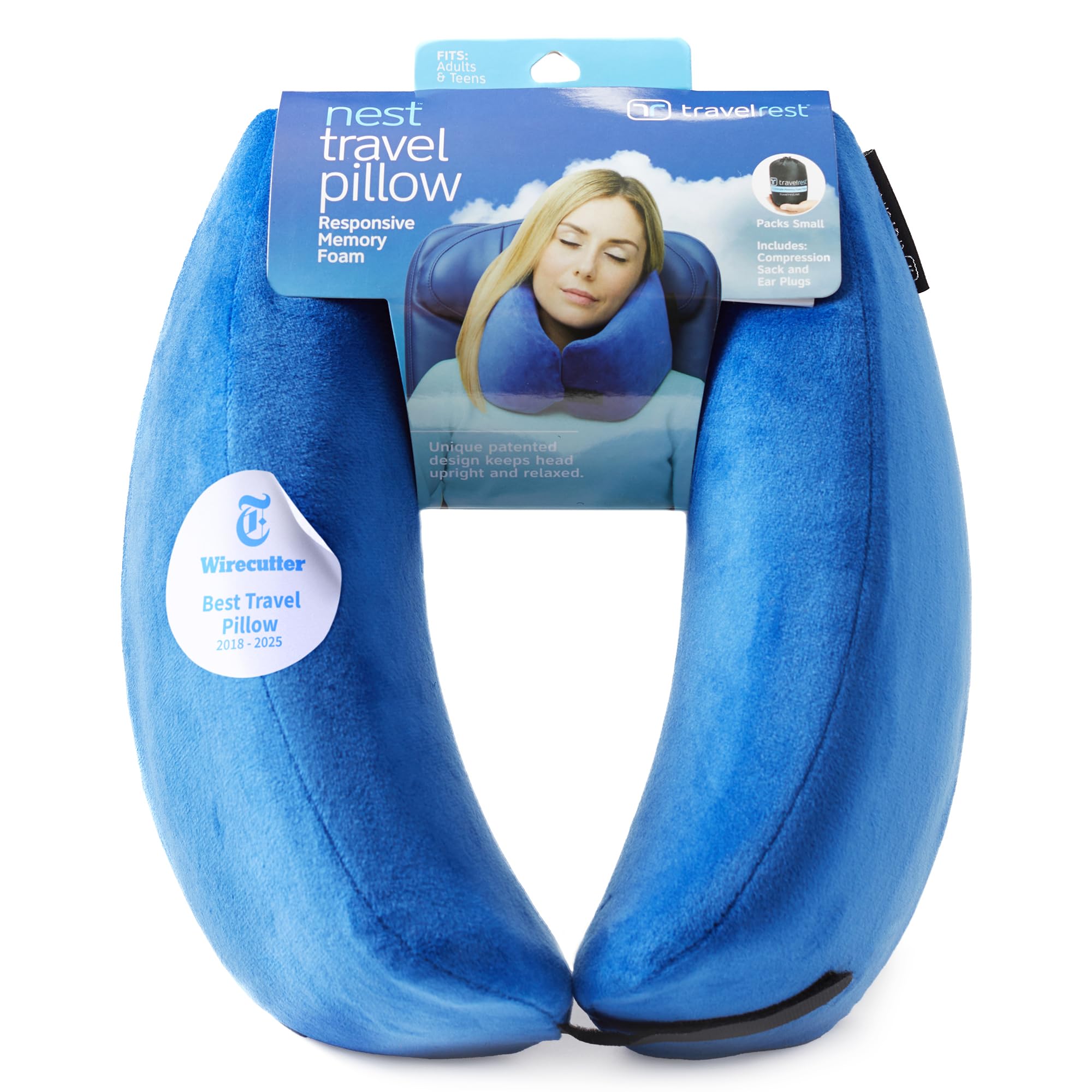 Travelrest Nest Neck Pillow for Travel - Advanced Support for Long Flights, Memory Foam Patented Design for Optimal Relaxation, Ergonomic, and Washable, On-the-Go and Attaches to Luggage - Blue