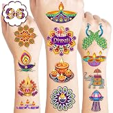 96 PCS Diwali Birthday Party Decorations Temporary Tattoos Stickers | Pre-Cut, Happy Diwali Festival of Lights Design, Candle Diya Lamp Theme, For Boys Girls, School Prizes Rewards
