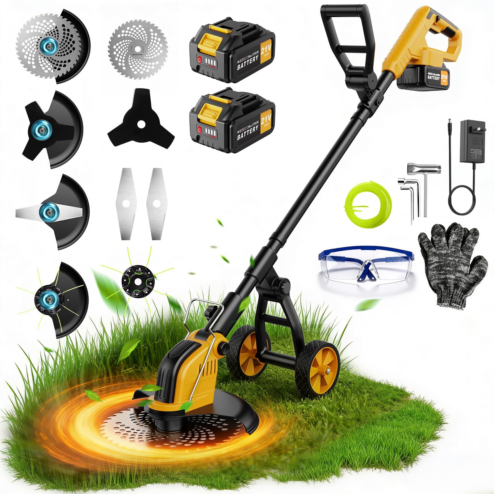21v 800w brushless cordless weed wacker, 12 inch electric weed eater with wheels, 2×3000mah batterie