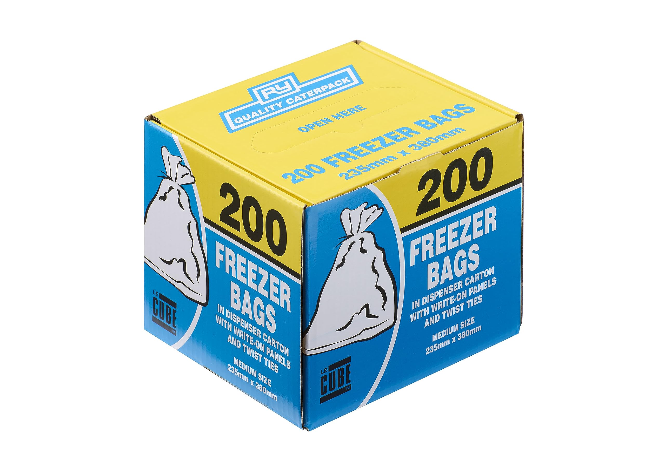LE CUBE Freezer Bags, Dispenser Box of 200 Medium Size Food Storage Bags, Clear Plastic Bags With White Write-on Panel and Twist Ties, Bag Dimensions 23.5cm x 38cm