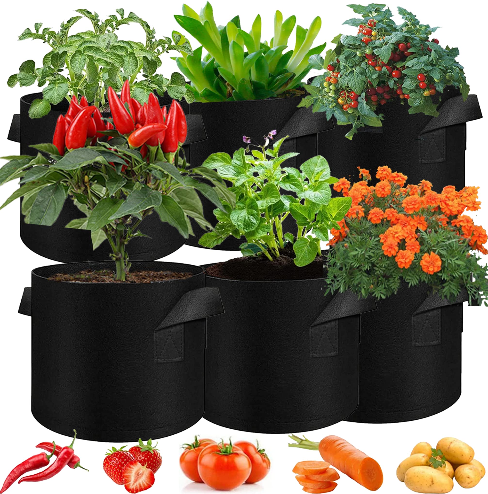 XRR Grow Bags, 6 Pack 3 Gallon Plant Grow Bags Premium Aeration Container Thickened Nonwoven Fabric Plant Pots with with Sturdy Handles Flowers/Vegetable Pots Container for Nursery Planting