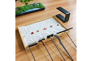 BANGBANGDA Mini Zen Garden Rake Set - 12 Piece Black Bamboo Sand Rakes with Storage Stand & 6 Crystals - Desktop Meditation Tools for Adults, Stress Relief Zen Gift