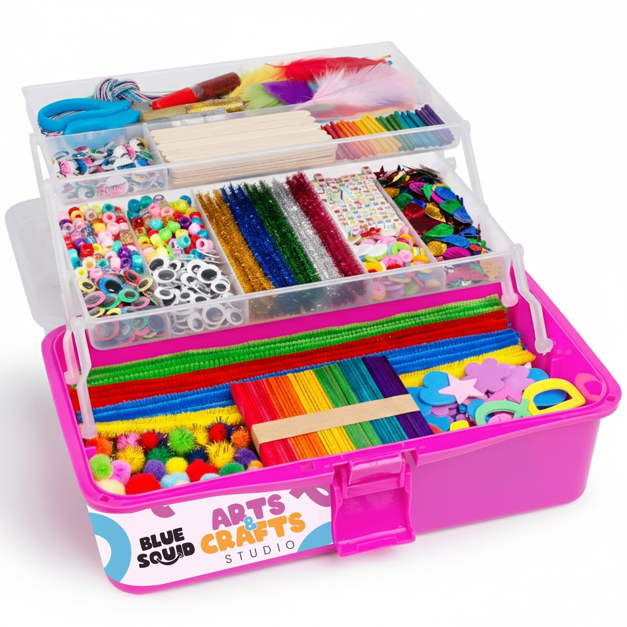 Blue Squid Arts & Crafts Box (Pink)- 2800+ pcs Deluxe Craft Supplies Box, 2 Drawers, 18 Compartments, Sturdy Handle - Art Crafting Kit Birthday Gifts for Kids, School Supply for Ages 4-12