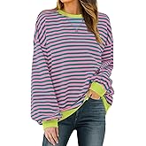 Mintreus Women Sweatshirt Striped Crew Neck Oversized Long Sleeve Sweatshirt Color Block Loose Pullover