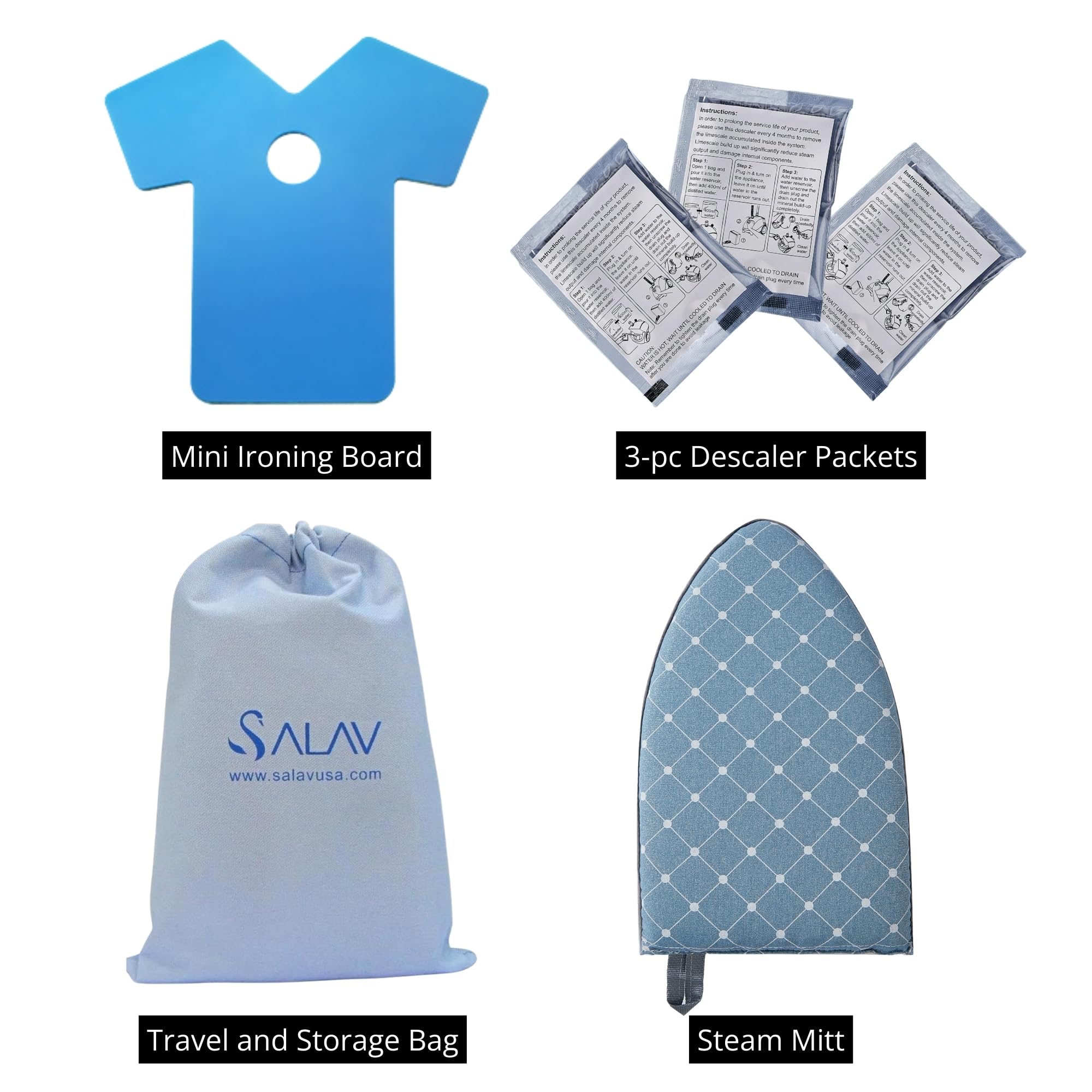 SALAV® Heavy Duty Commercial Garment Steamer Accessories Set – Includes Mini Ironing Board, Steam Mitt, 3-Piece Descaler Packets, and Storage Bag – Ideal for Professional & Home Use