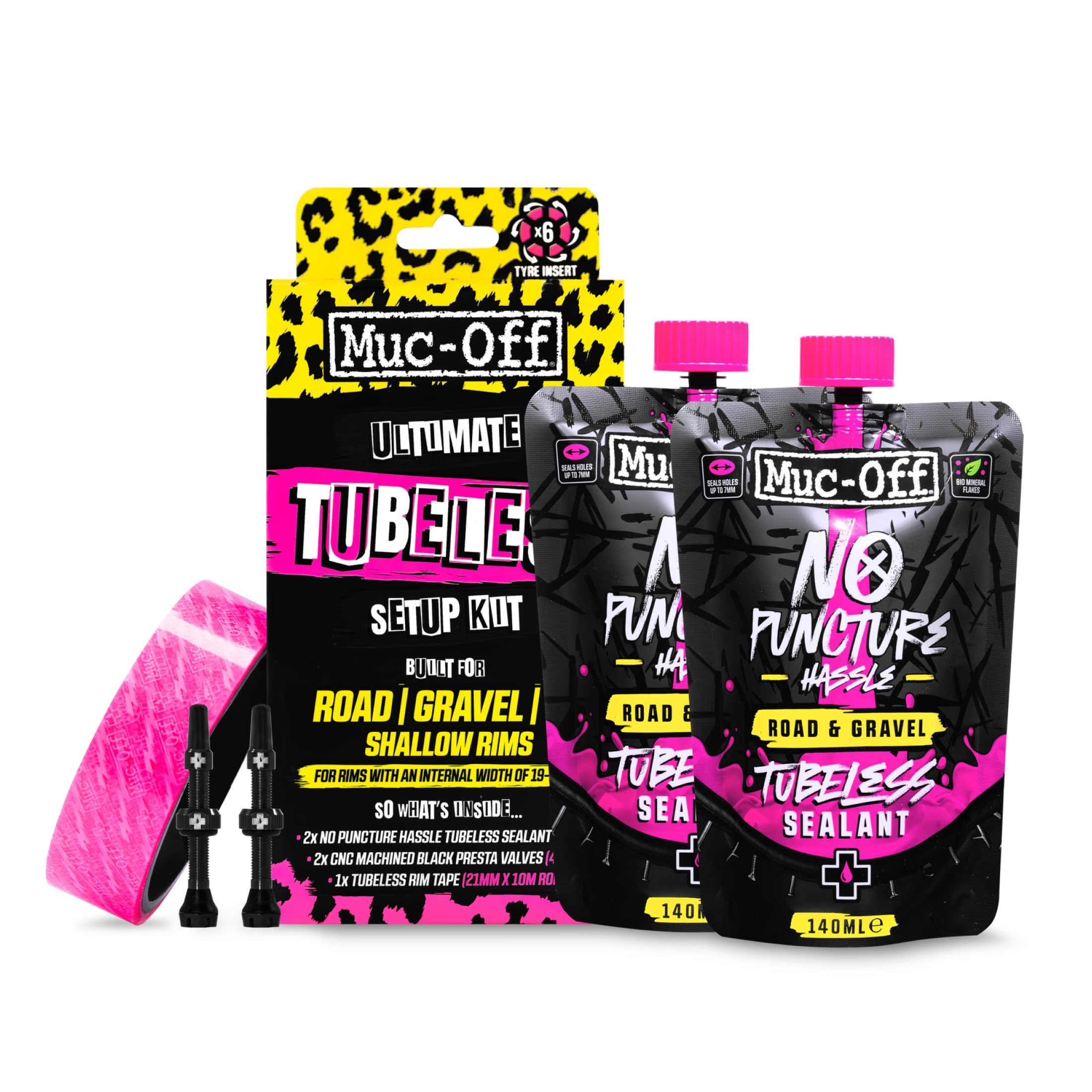 Muc-Off Ultimate Tubeless Setup Kit - Complete Tubeless Conversion Kit with Sealant, Rim Tape, Valves, and Patches - Fits MTB, Road, Gravel & CX Wheels - Road/Gravel (21mm Tape / 44mm Valves)