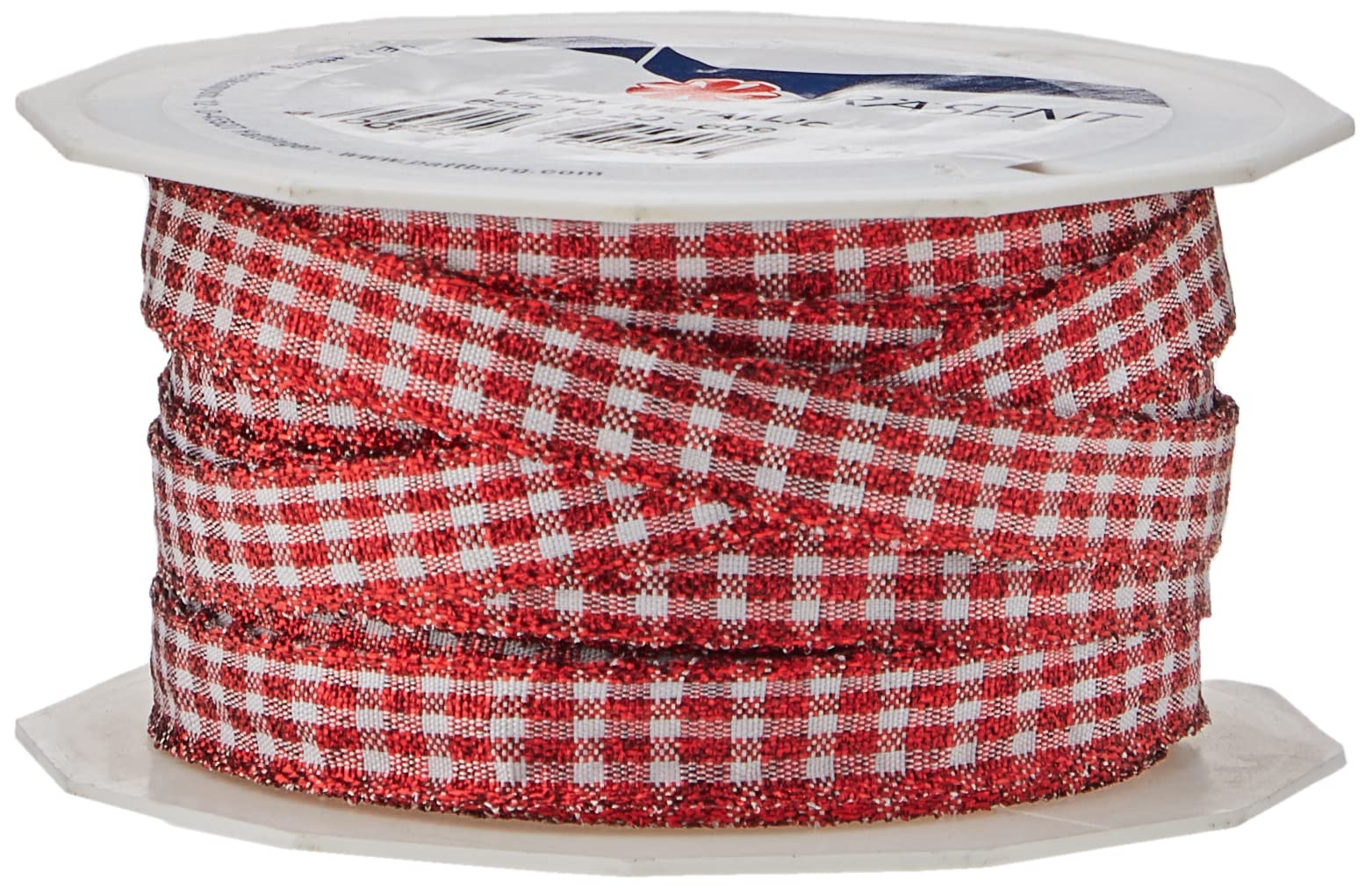 Prasent 20 m 10 mm Vichy Metallic Decorative Woven Ribbon, Red/White