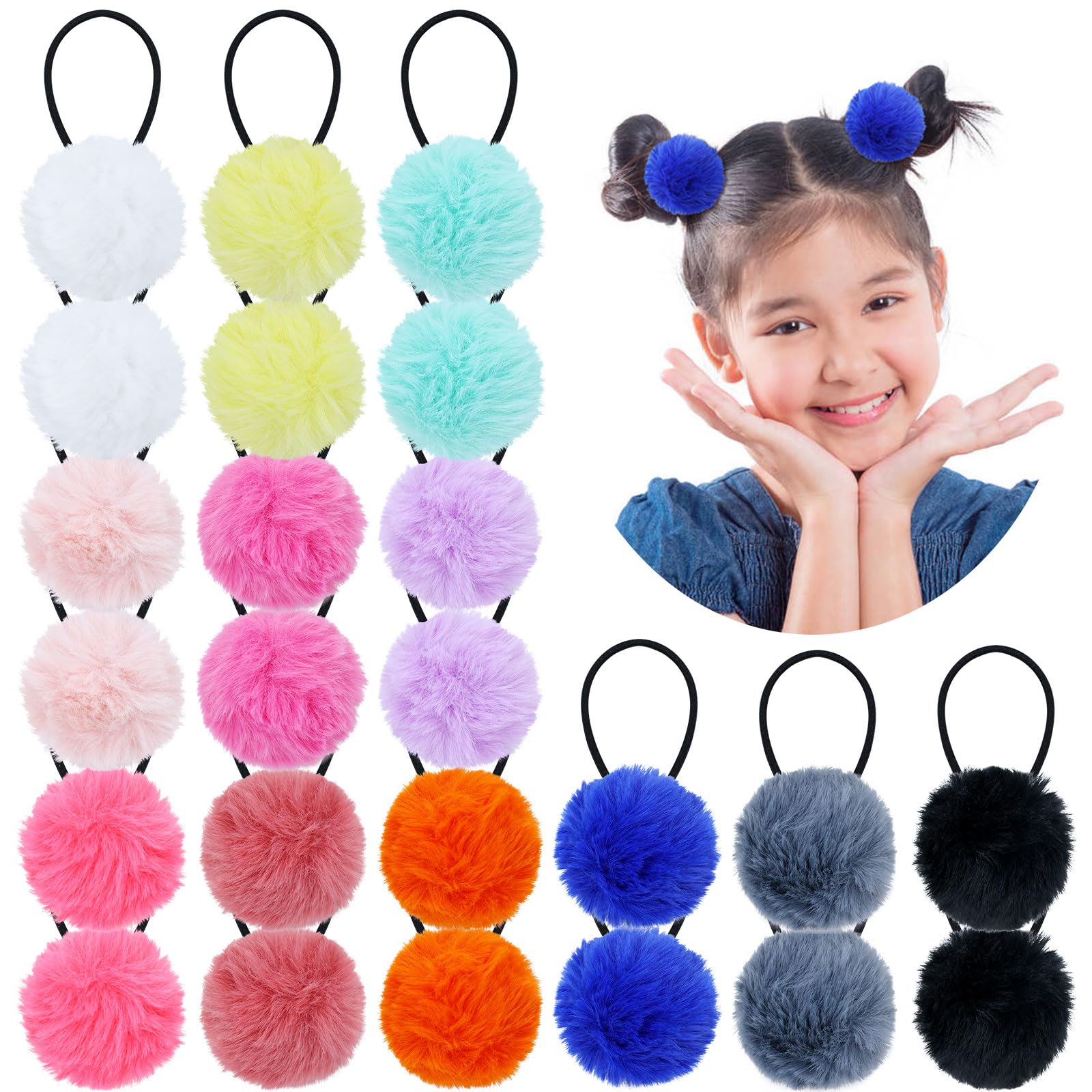 Dizila 24 Pcs/12 Pairs Candy Color Fluffy Ball Pompom Hair Ties Bobbles Rubber Bands Pigtail Ponytail Holders Hair Scrunchies Elastics Accessories for Baby Girls Infants Toddlers Kids Teens Thin Hair