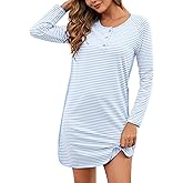 VibeVista Nightgowns for Women Soft Cotton Striped Sleepwear Sleep Shirts Long Sleeve Crew Neck House Dresses Night Gown