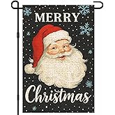 IVN Merry Christmas Santa Claus Garden Flag 12x18 Inch Double Sided Small Burlap Holiday Black Yard Flag for Outside Winter Xmas Decor
