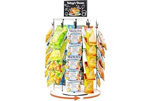 Pinzoveco Chip Rack Display Stand, 5 Tiers 40 Clips Snack Display for Office Desk, 360° Rotating Wooden Base Chip Holder Candy Display for Concession Stand, Countertop, Party,With Message Display Tabs