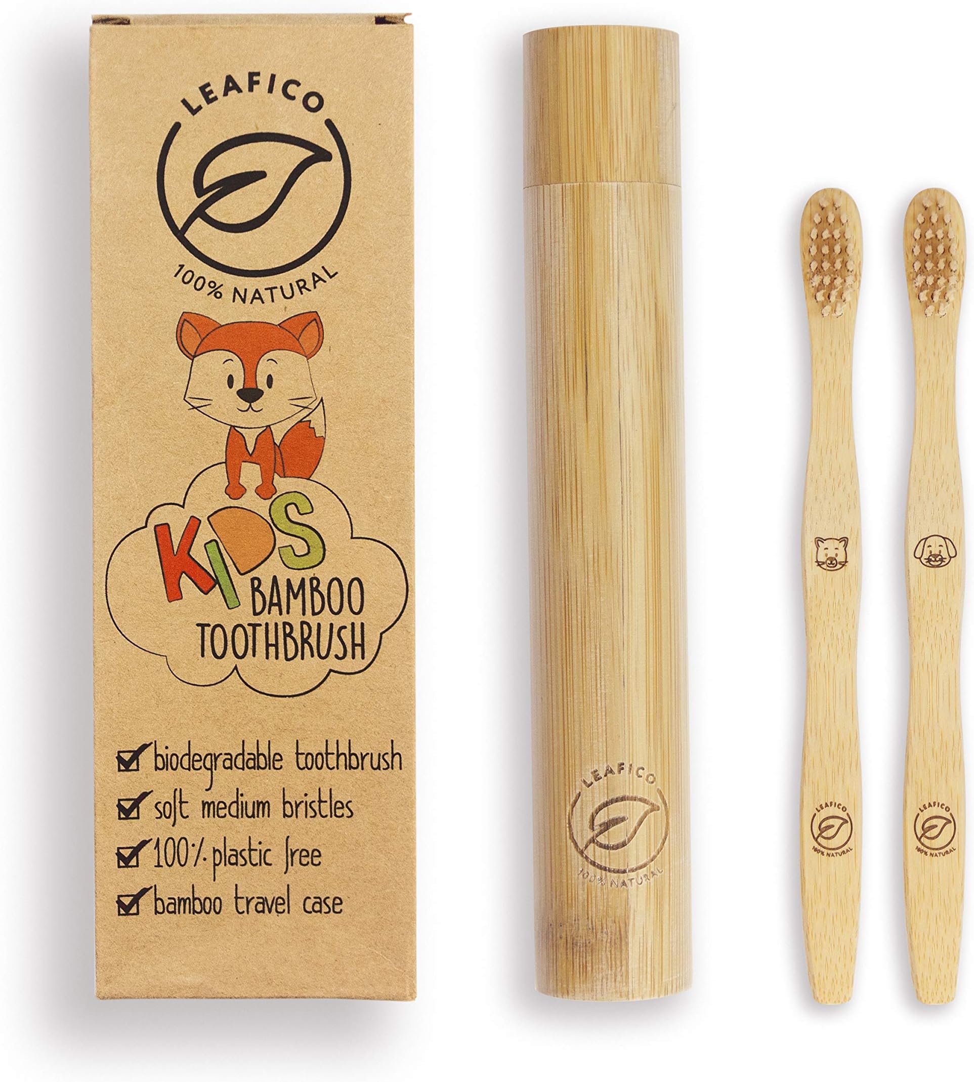 Leafico Bamboo Toothbrush Kids with Travel Case, Biodegradable and Eco-Friendly Wood Baby Toothbrushes with Animal Design for Children - Natural and Organic
